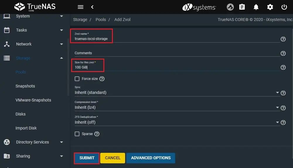 truenas core add zvol
