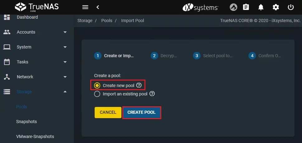 truenas core storage create pool