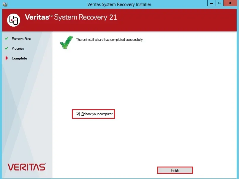 uninstall wizard completed veritas system