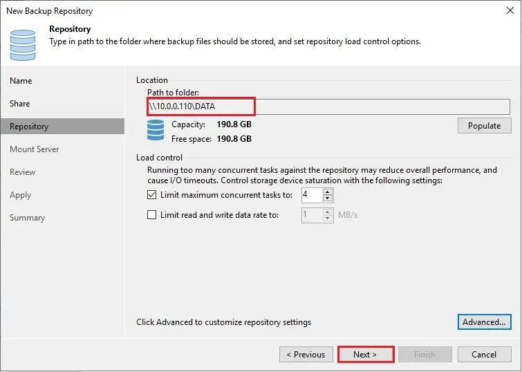 veeam add repository location