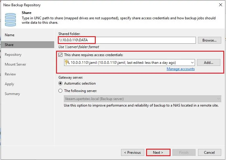 veeam add repository share