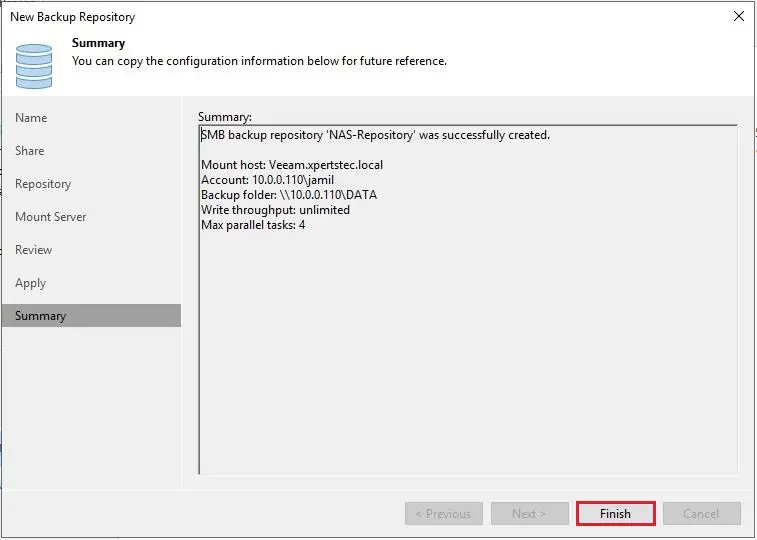 veeam add repository summary