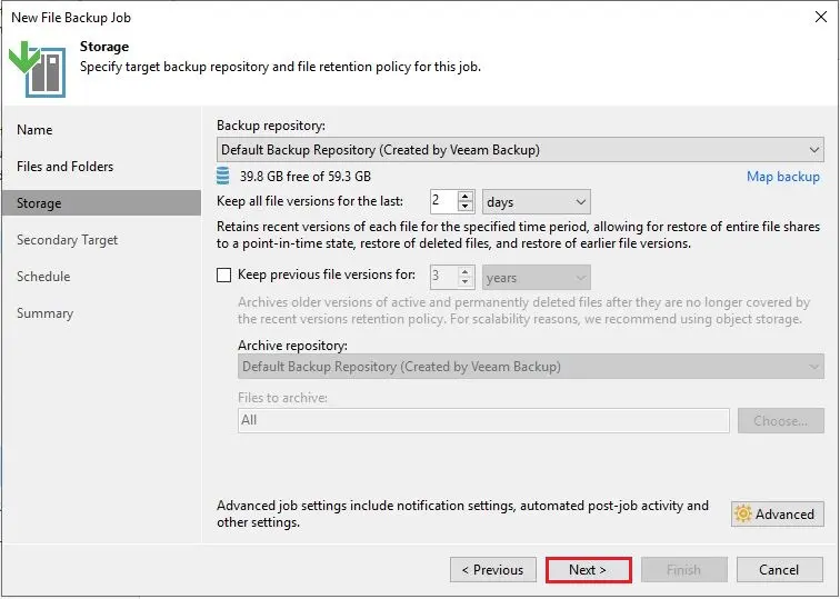 veeam backup job storage