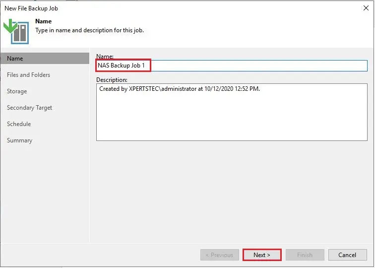 veeam create file backup job