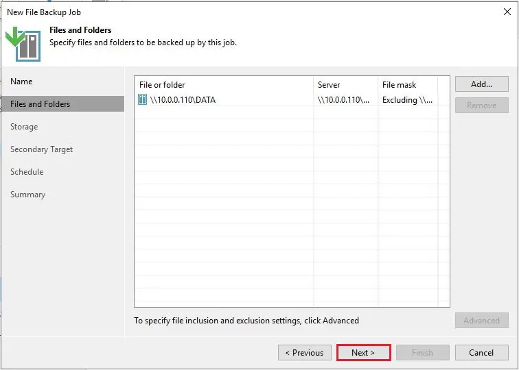 veeam file backup job files and folders