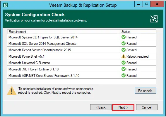 veeam missing components passed