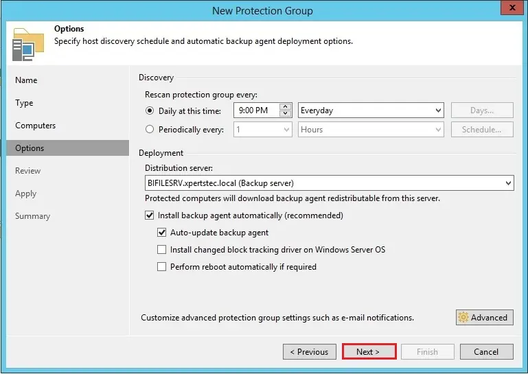 veeam new protection group options