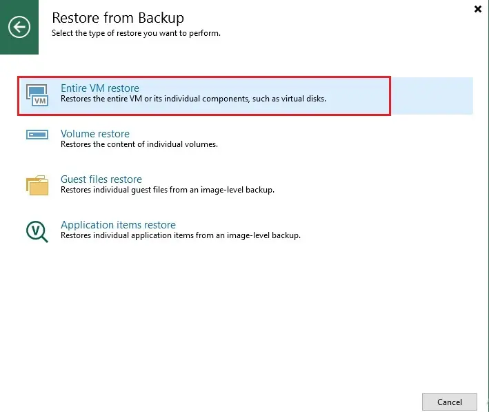 veeam restore from backup entire vm