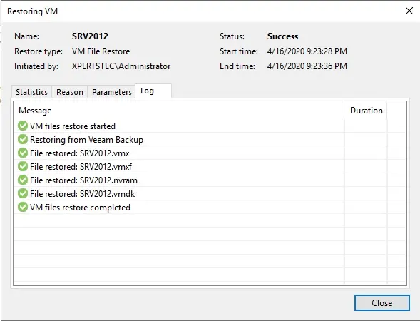 veeam restoring vm progress