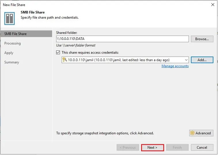 veeam smb file share credencial