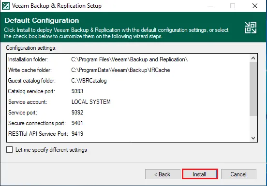 veeam system default configuration