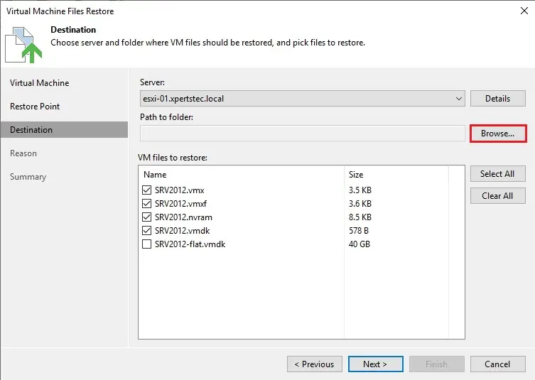 veeam vm files restore destination