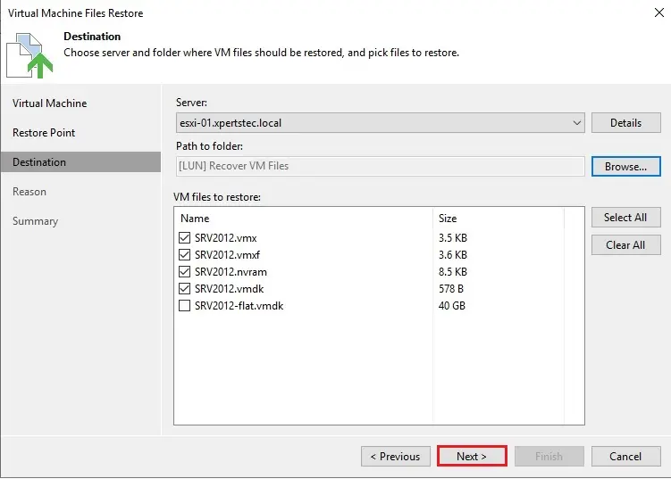 veeam vm files restore destination