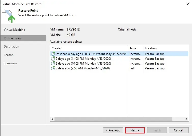 veeam vm files restore point