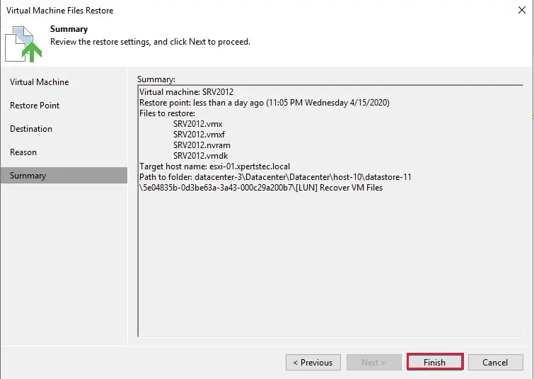 veeam vm files restore summary