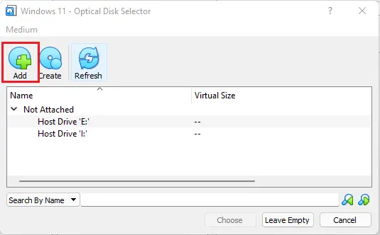 virtualbox optical disk selector