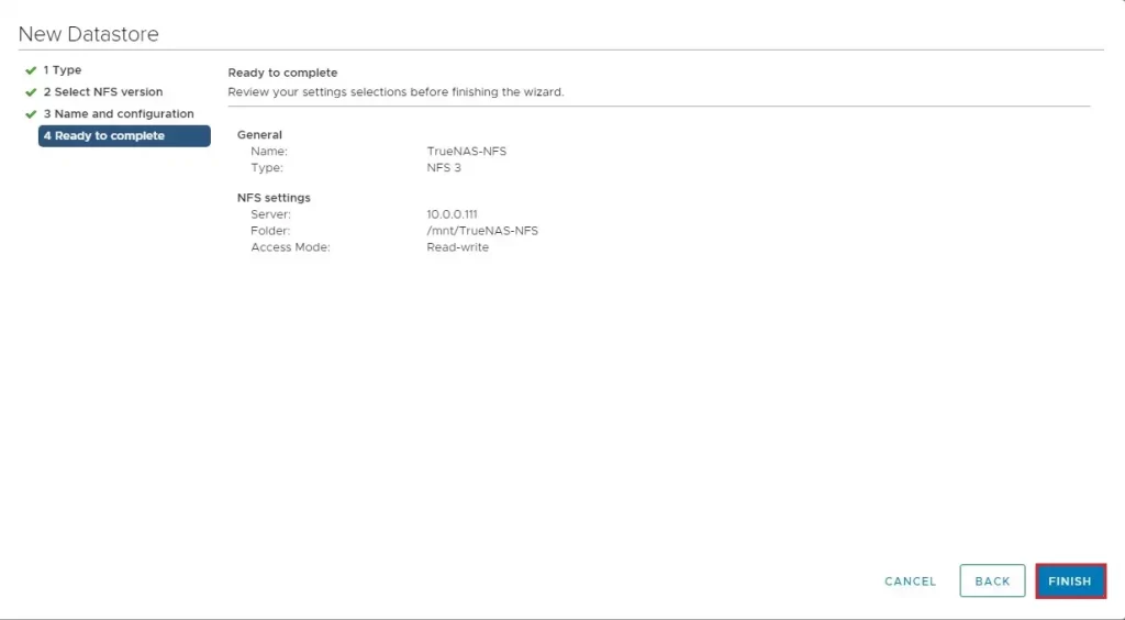 vmware new datastore finish