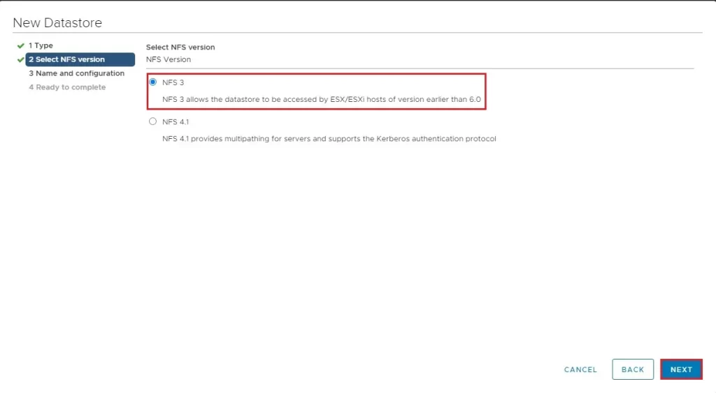vmware new datastore nfs versions