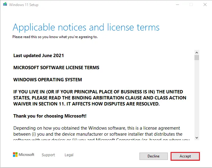 windows 11 setup applicable notice