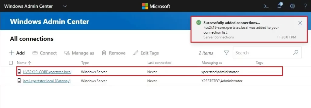 windows admin center connection