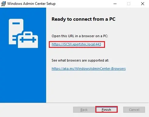 windows admin center setup finish