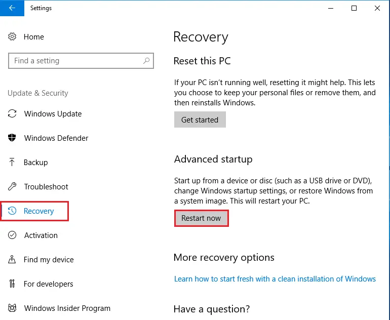 windows settings recovery options