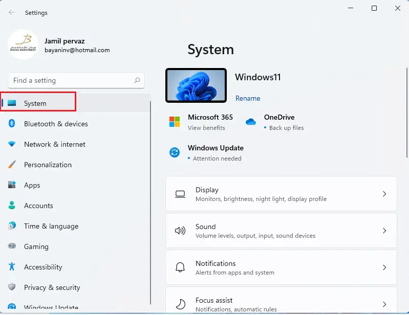 windows settings system