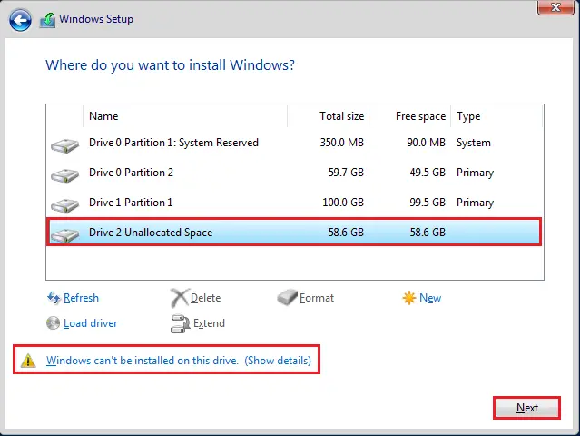 windows setup unallocated space