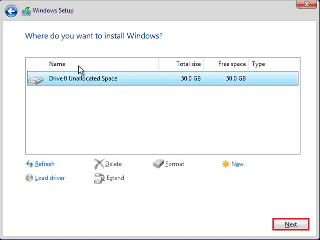 windows setup unallocated space