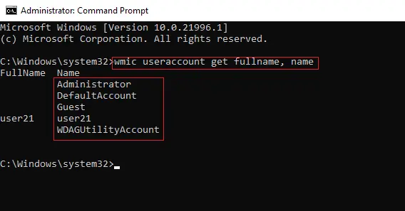 wmic useraccount get fullname, name