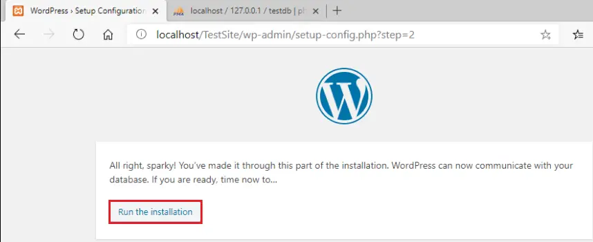 wordpress run the installation