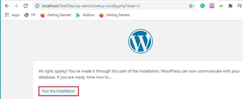 wordpress run the installation