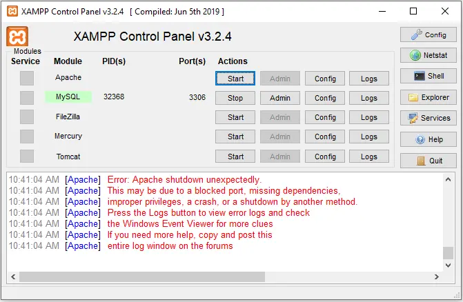 xampp control panel