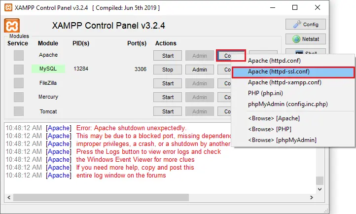 xampp control panel config