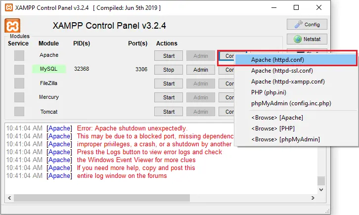 xampp control panel config