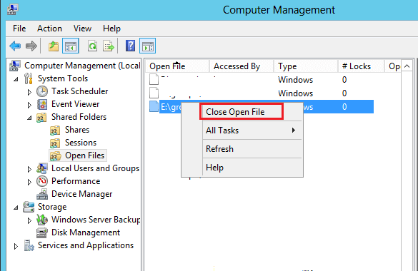 Computer management close open files