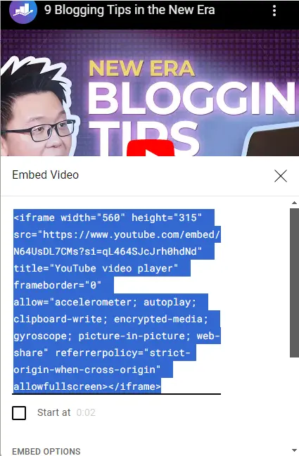 Copy YouTube embed video code