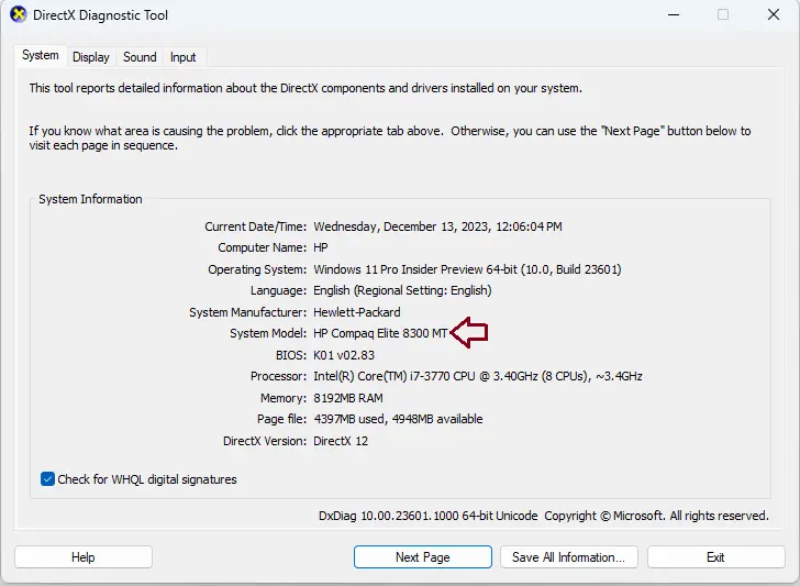 DirectX diagnostic tool see system model