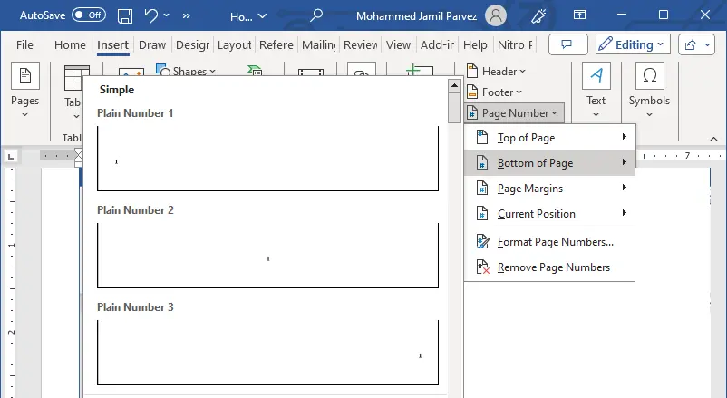 Add page number to footers in Word