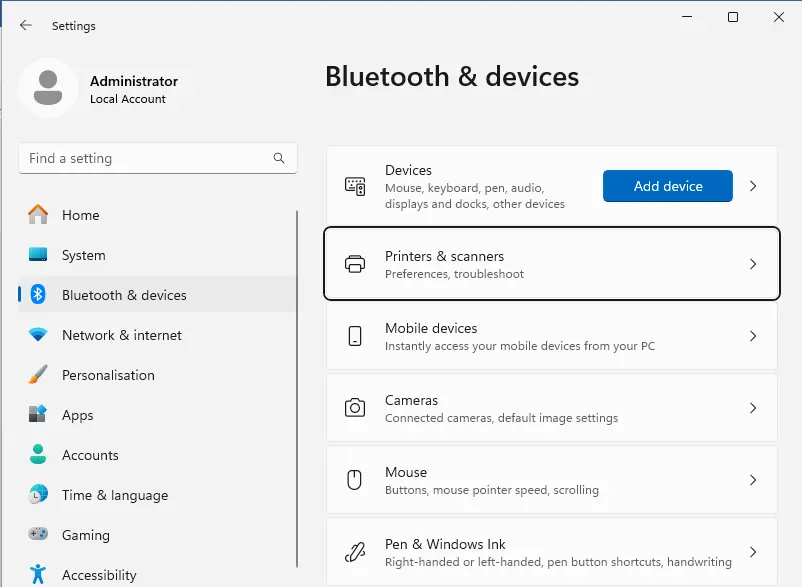 Bluetooth & devices in Windows settings