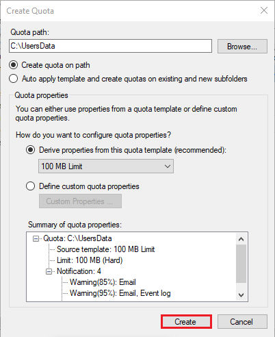 Configure Quotas with file server