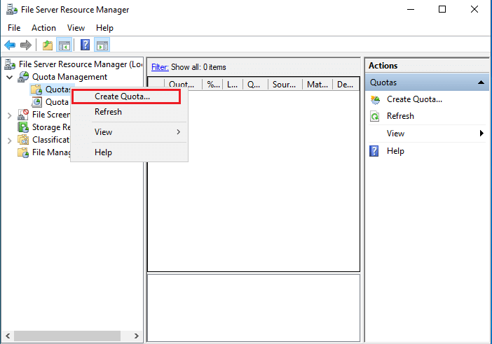 Configure quota file server resource manager