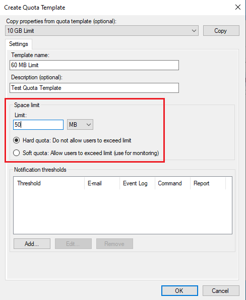 Configure quotas template