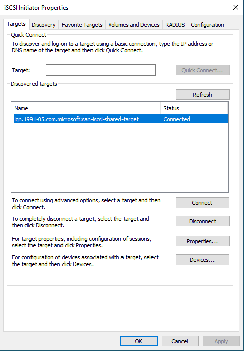 Connect iSCSI initiator properties