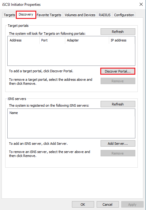 Connect iSCSI initiator properties discovery