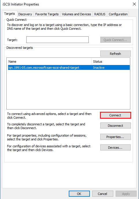 Connect iSCSI initiator properties