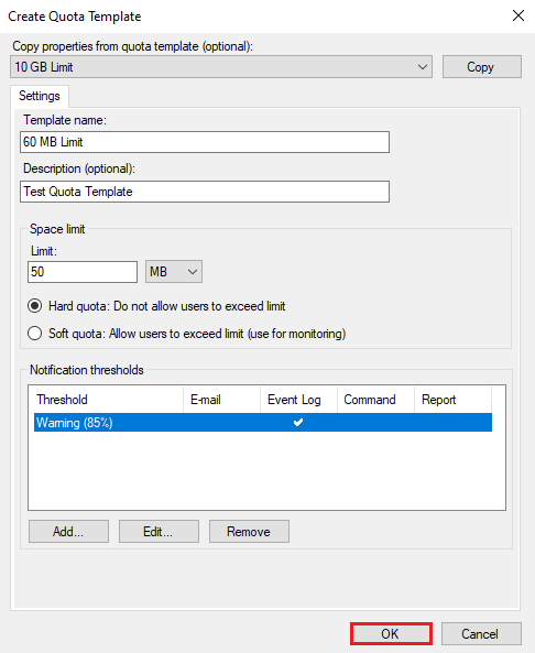 Create quota template File server