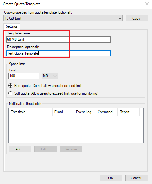 Create quotas template with file server