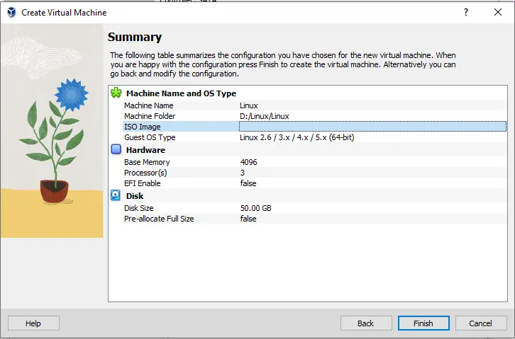 Create virtual machine in VirtualBox summary