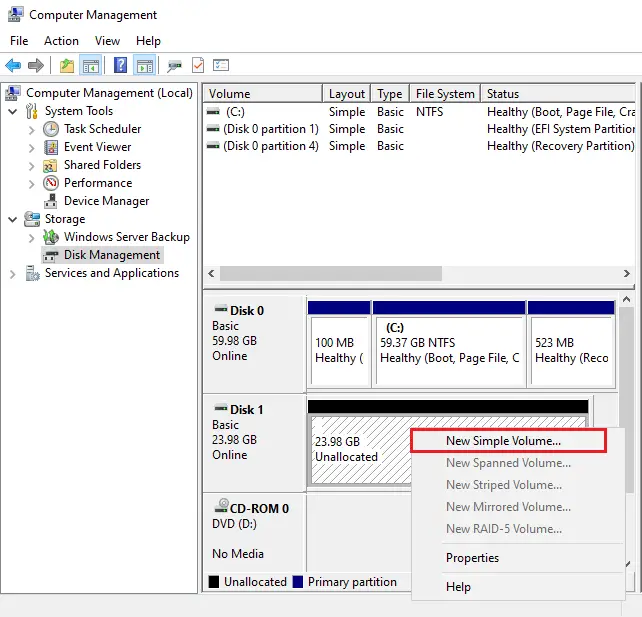 Disk management create partition